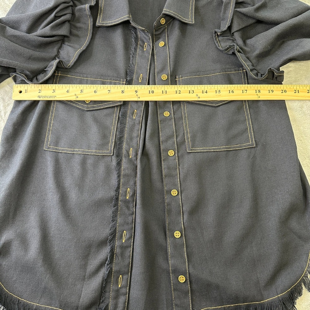 NWT GIGIO USA Navy Linen Blend Puff Sleeve Frayed Hem Button Down Shirt Small - Picture 2 of 8